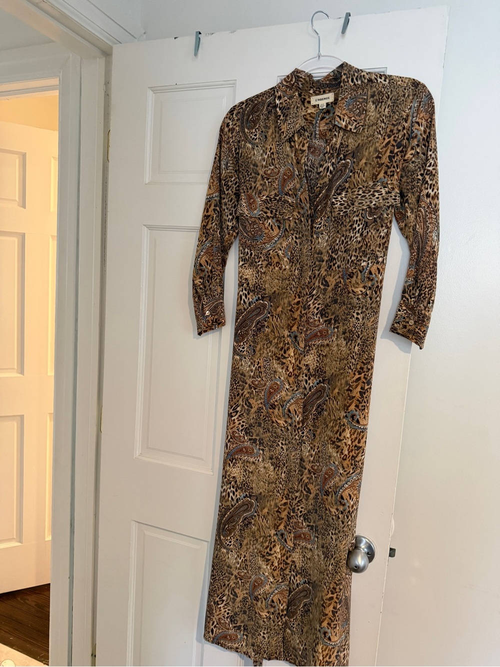 L'AGENCE Brown and Tan Animal Paisley Midi Shirt Dress